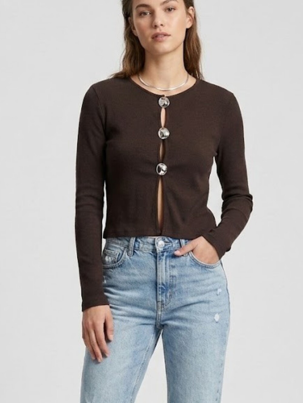 H&M Chocolate Brown Long-Sleeve Button Front Cardigan Size Small Cotton